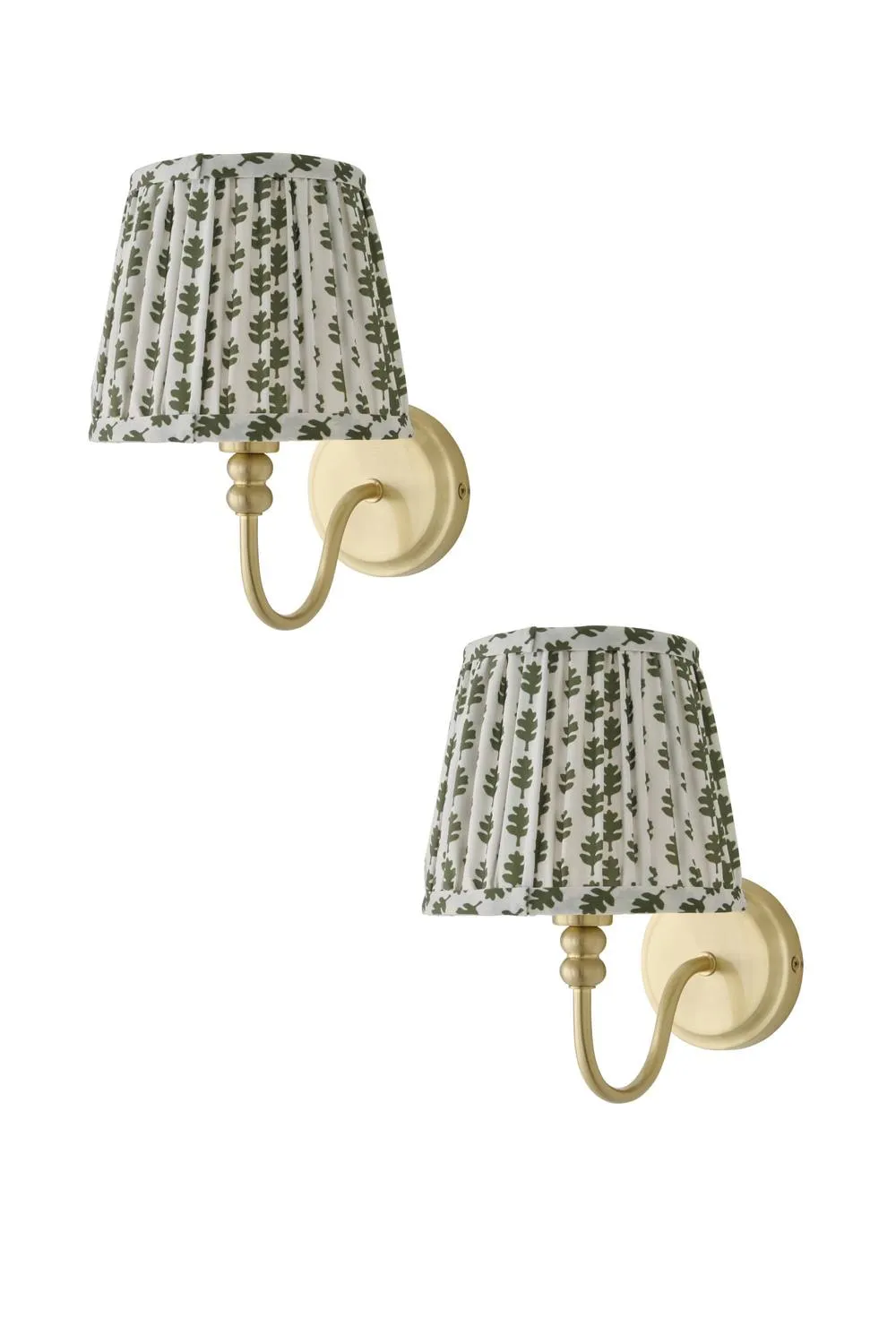 ValueLights Binky Pair of Rechargeable Gold Wall Lights with Floral Pleated Shades in Pale Green