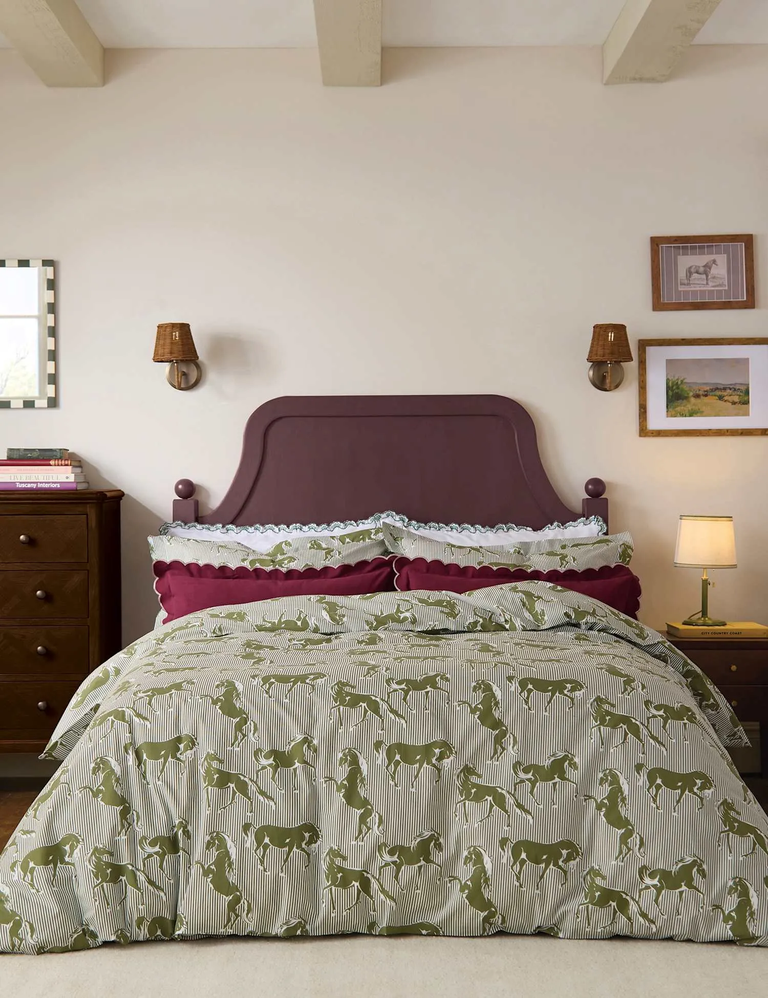 Joules Pure Cotton Horse Stripe Bedding Set Green Mix