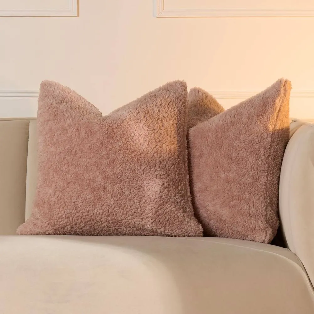 OHS 2 Pack Teddy Marl Soft Fleece Cushion Covers - 45 x 45cm in Pink