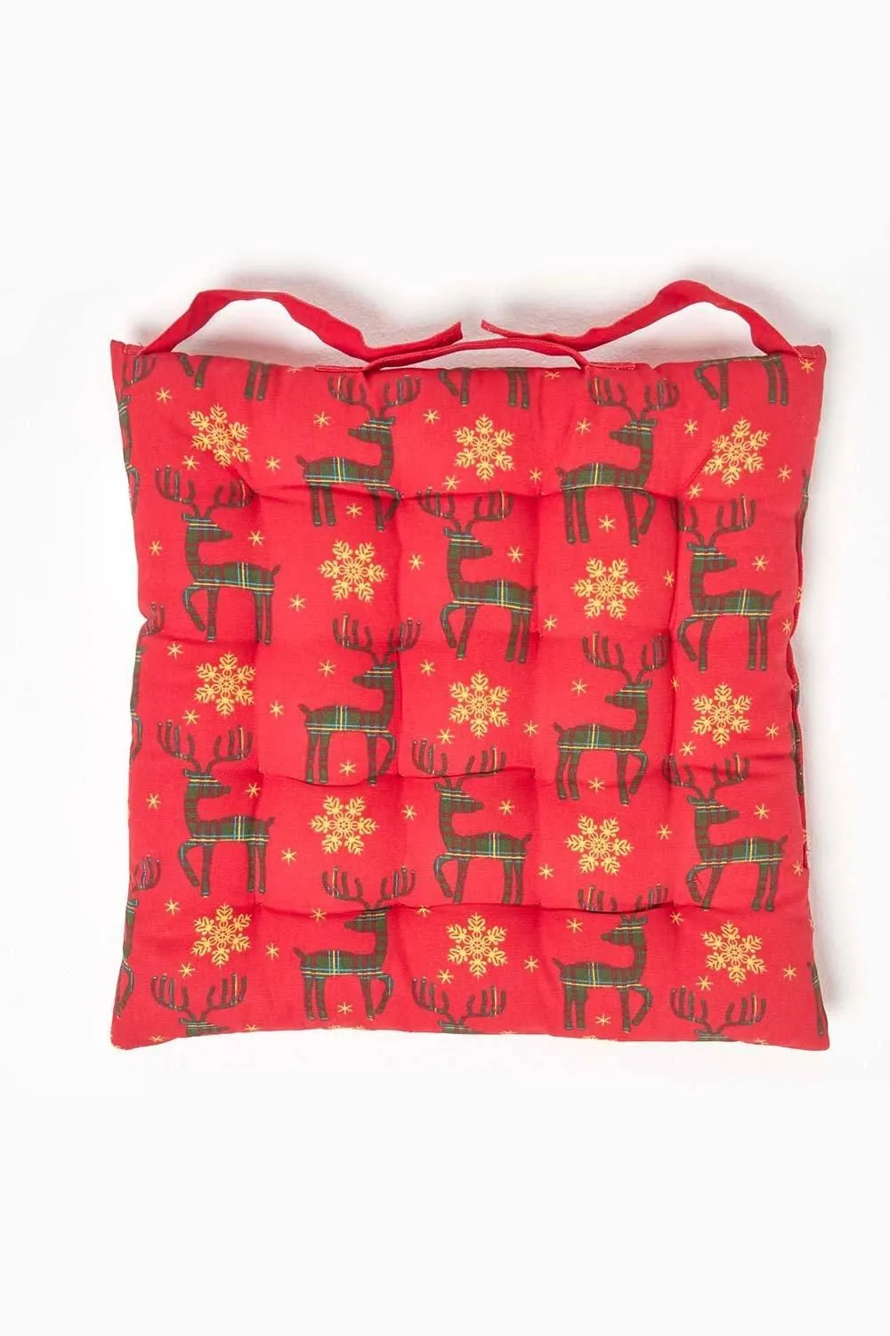 Homescapes 4 Pack Seat Pads Luxury Cotton Christmas Red Reindeer Indoor Outdoor Cushion 3