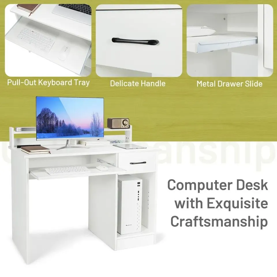 Costway Wooden Computer Desk W/ Keyboard Tray Home Office Writing Desk Vanity Dressing Table in White 5