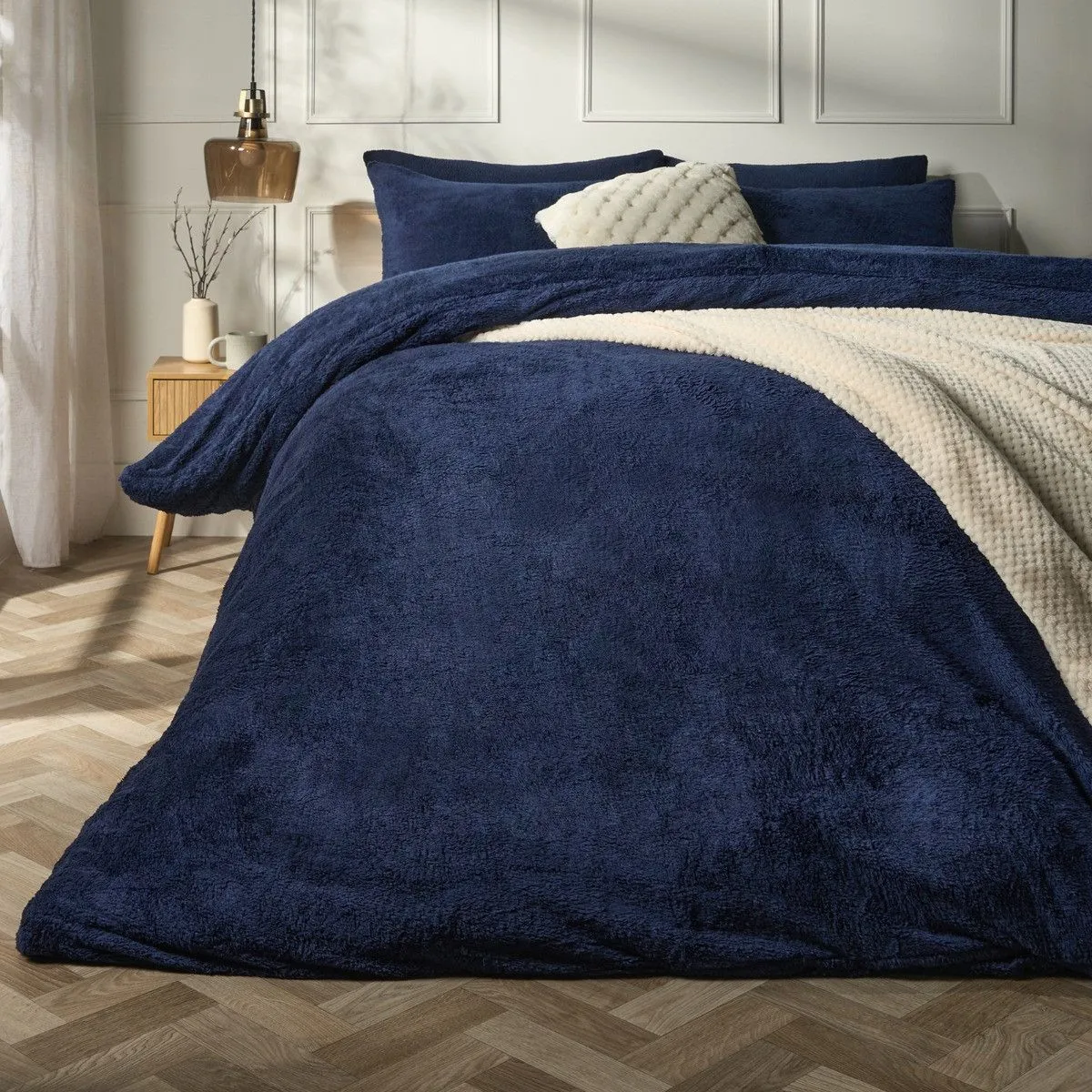 OHS Thermal Soft Teddy Fleece Duvet Cover Bedding Set in Navy