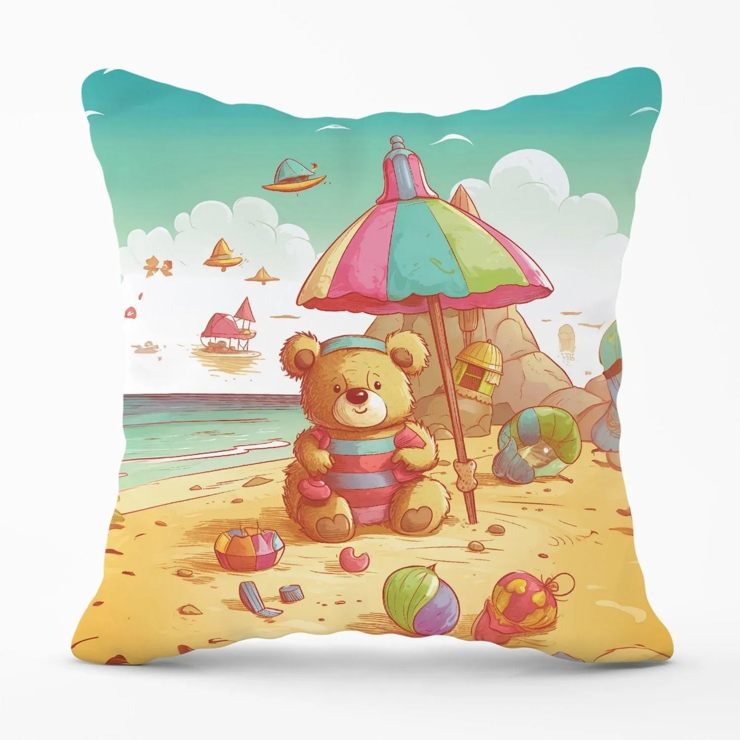 Warren Reed - Designer Teddy Bead On A Beach Holiday Outdoor Cushion in Yellow