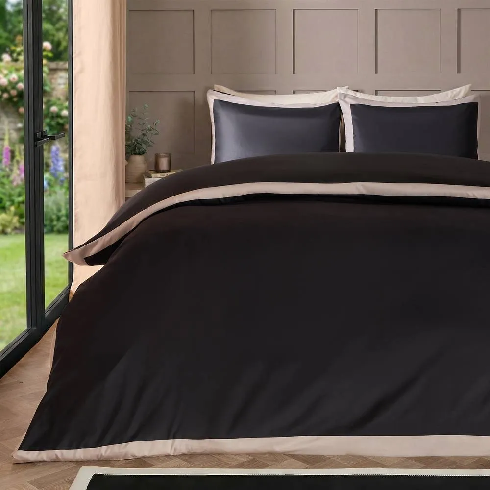 OHS Contrast Border Microfibre Bedding Set Duvet Cover with Pillowcase in Jet Black