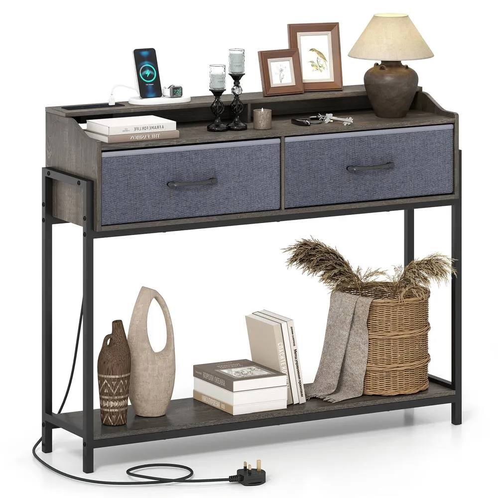Costway Console Table w/Charging Station & Shelves 110cm Narrow Entryway Table in Grey