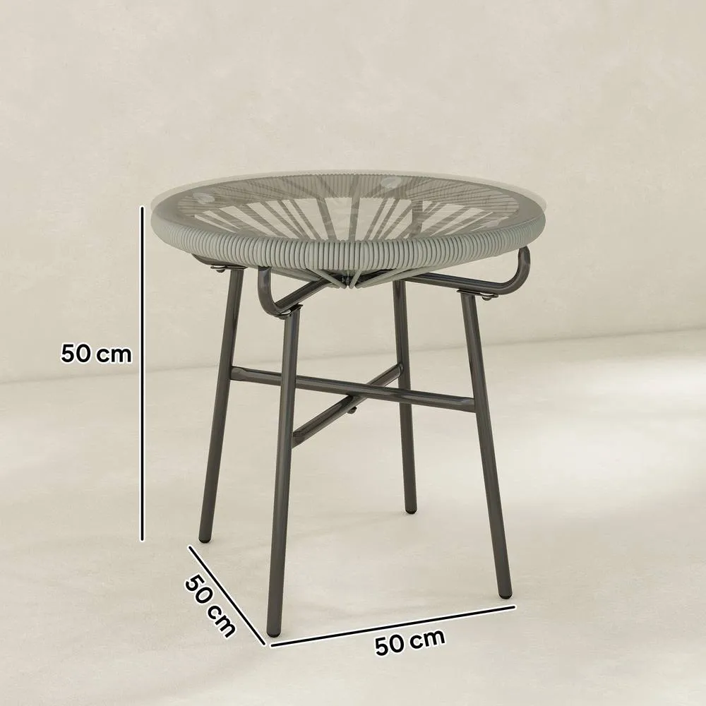 OUTSUNNY Rattan Side Table w/ Tempered Glass Tabletop, Light Grey 3