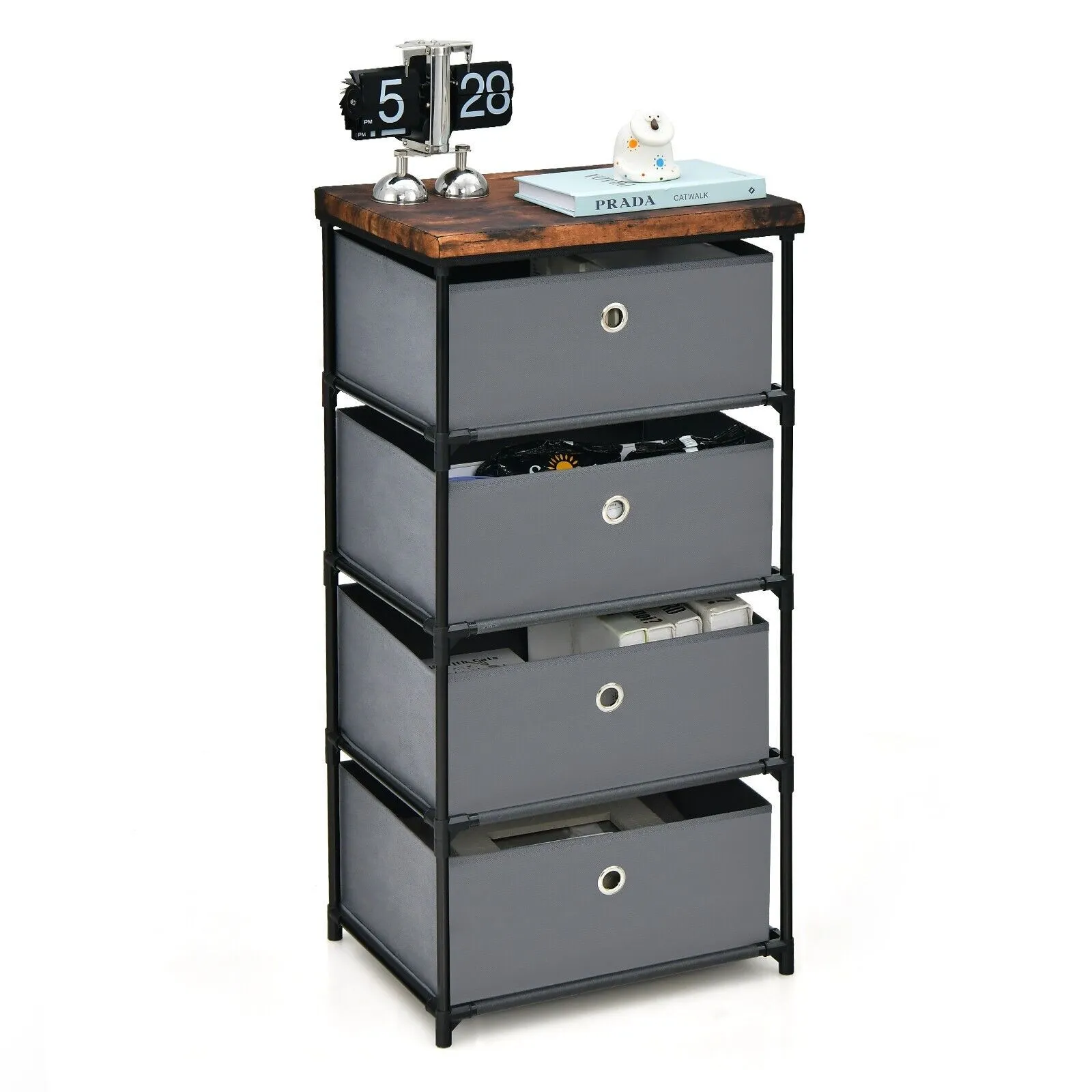 Costway 4 Drawer Fabric Dresser Storage 4-Tier Organizer Tower Dresser Nightstand w/ Drawers in Grey