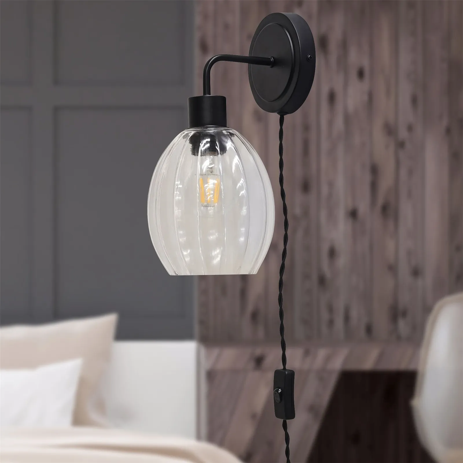 First Choice Lighting Set of 2 Toby - Black Plug in Wall Lights Fluted Glass Shades 4