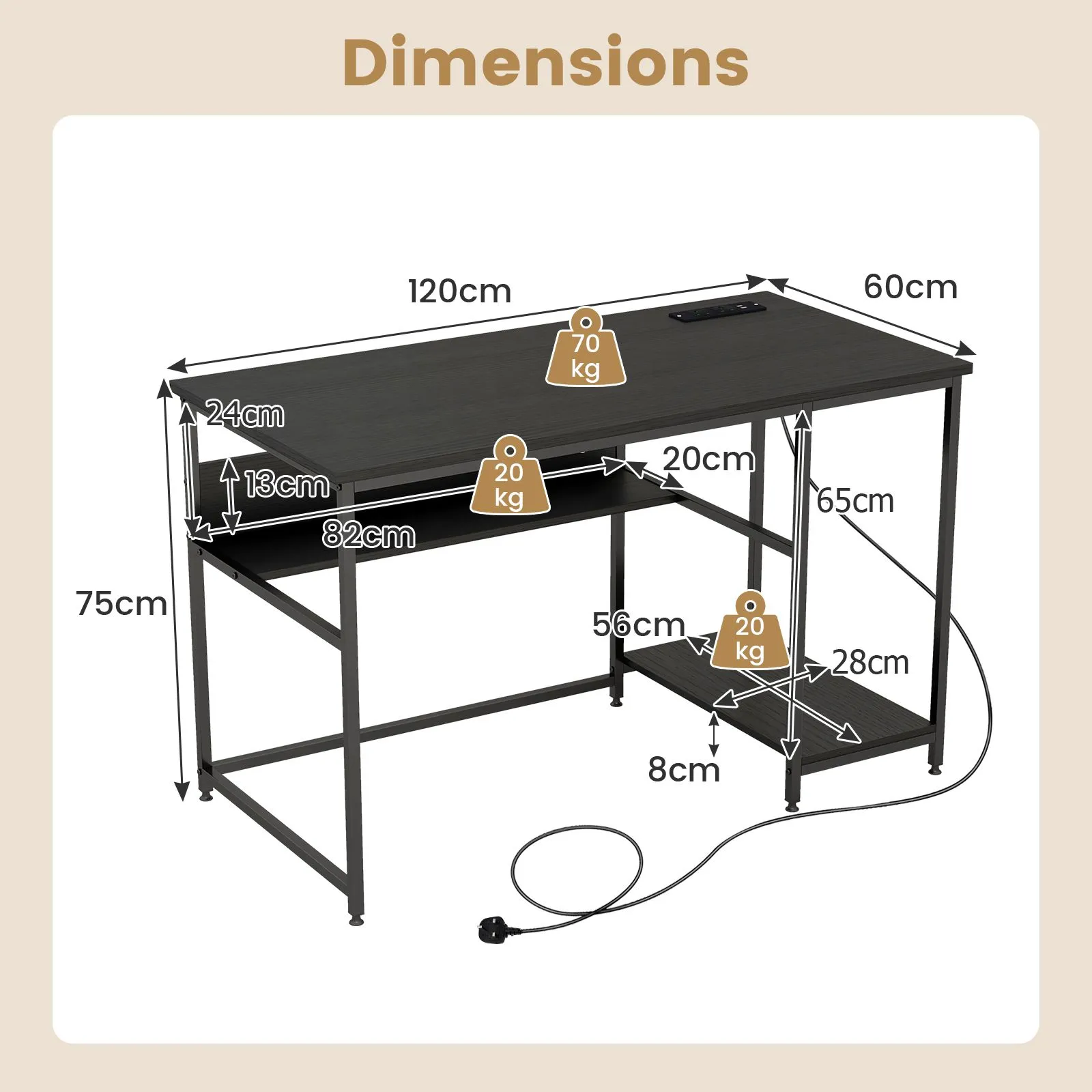 Costway 120CM Computer Desk with Power Outlet & Shelf Home Office Studying Table in Black 2