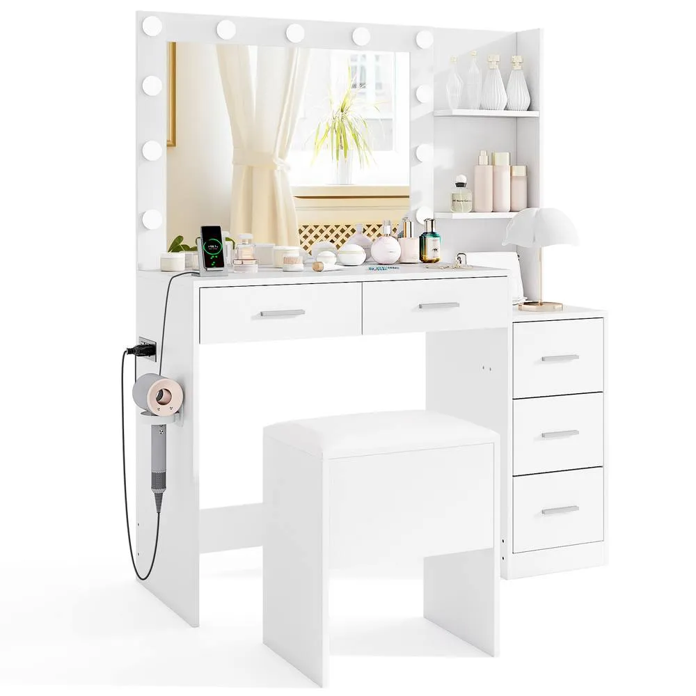 Costway Modern Vanity Desk w/5 Drawers &Stool Makeup Table Set w/Power Outlets in White
