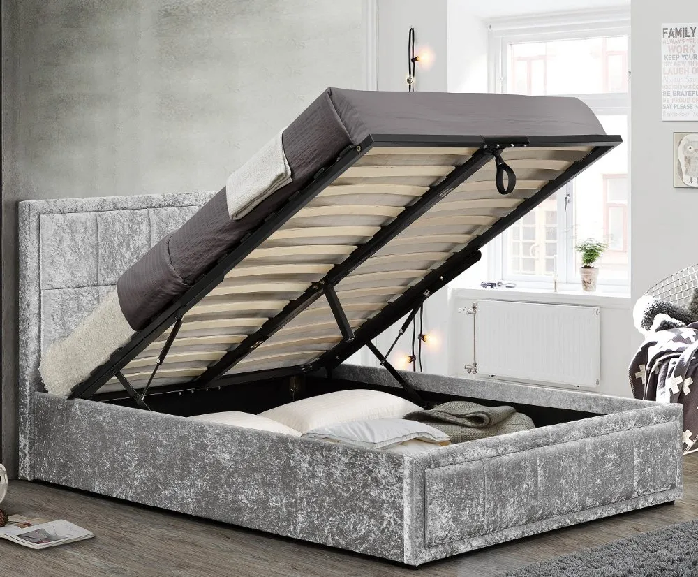 Hannover - Double - Ottoman Bed - Light Grey - Velvet - 4ft6 - Happy Beds 1
