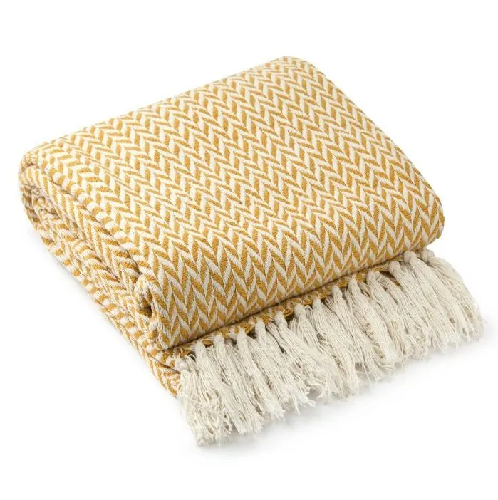 New Edge Blinds NewEdgeBlinds Chevron Collection Recycled Cotton Throw in Ochre (90" x 100"), Yellow