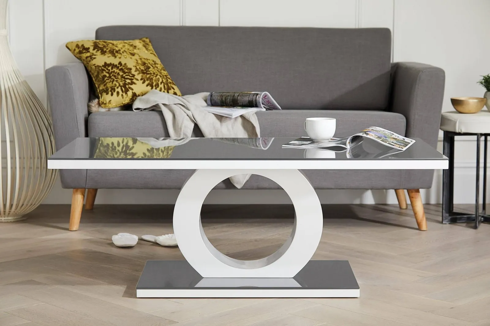 FurnitureboxUK Giovani Rectangular White High Gloss Coffee Table with Glass Top & Unique Halo Structural Plinth Base Design in Grey 5
