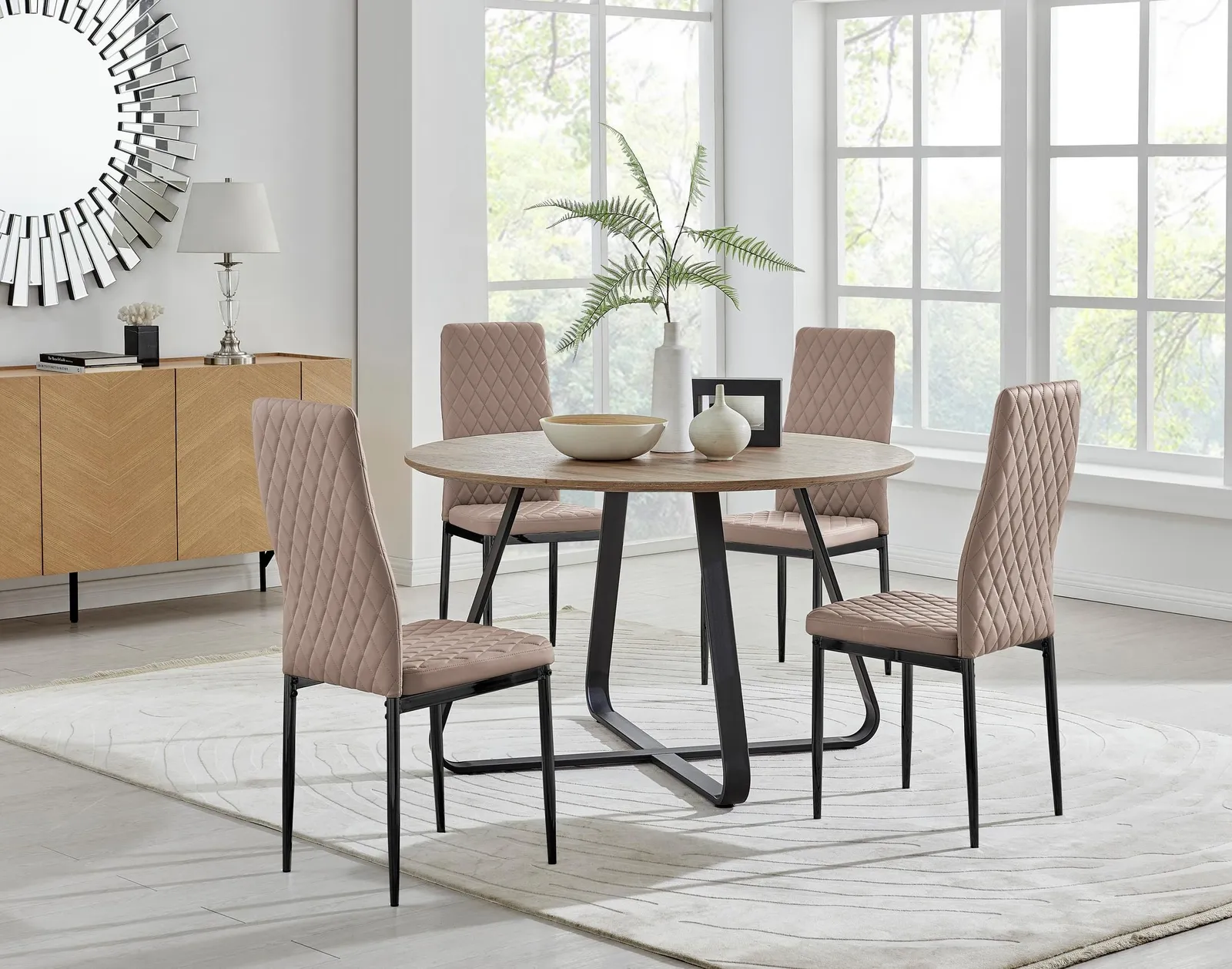 FurnitureboxUK Santorini Brown Round Dining Table & 4 Milan Black Leg Chairs in Beige 1