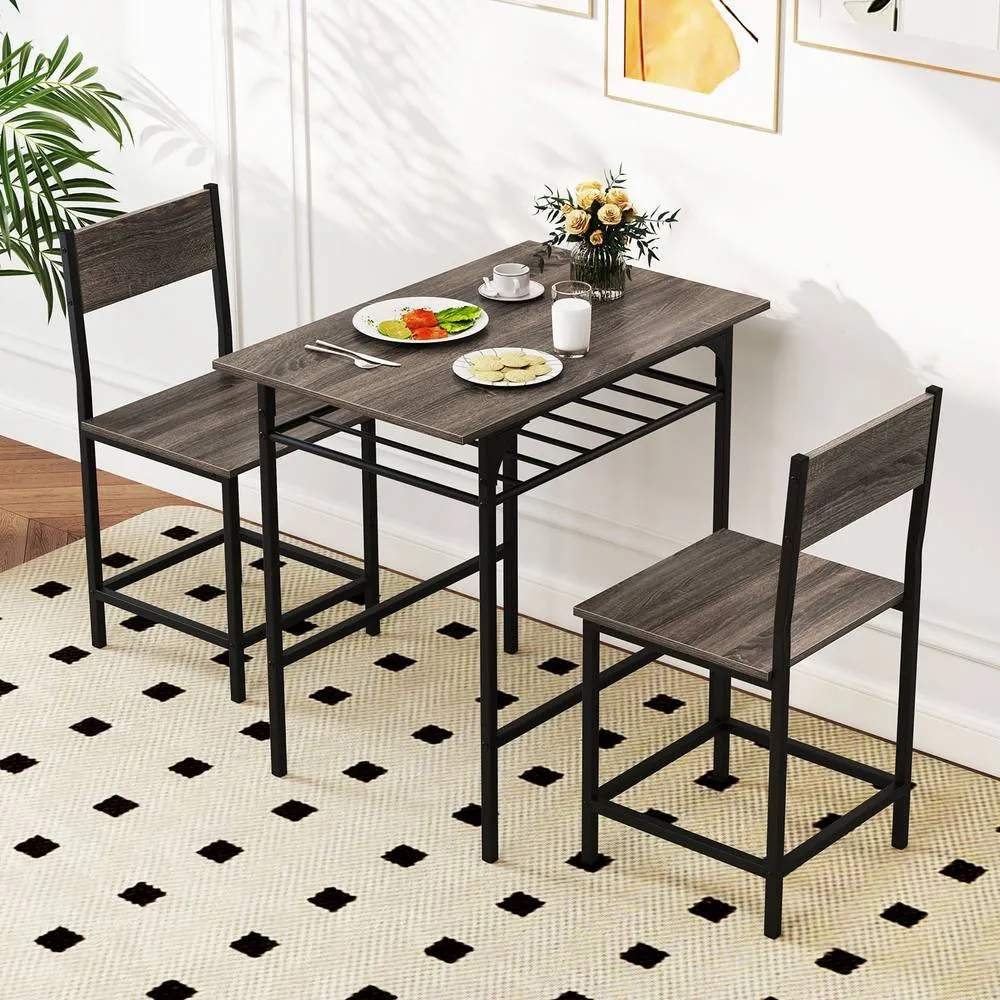 Costway Dining Table Set for 2 3-Piece Wood Rectangular Table & Chair Set w/ Metal Frame in Grey 5