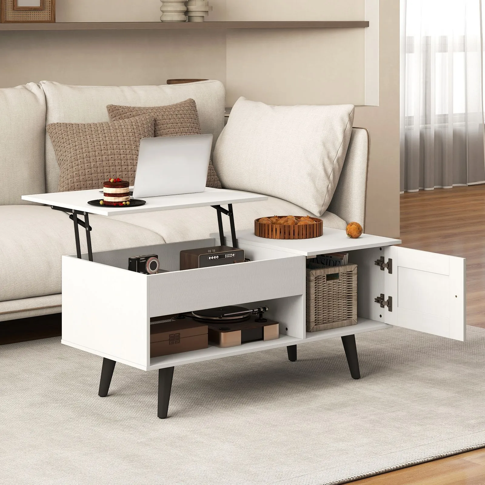 Costway Modern Lift Top Coffee Table Pull up Coffee Table w/ Storage in White
