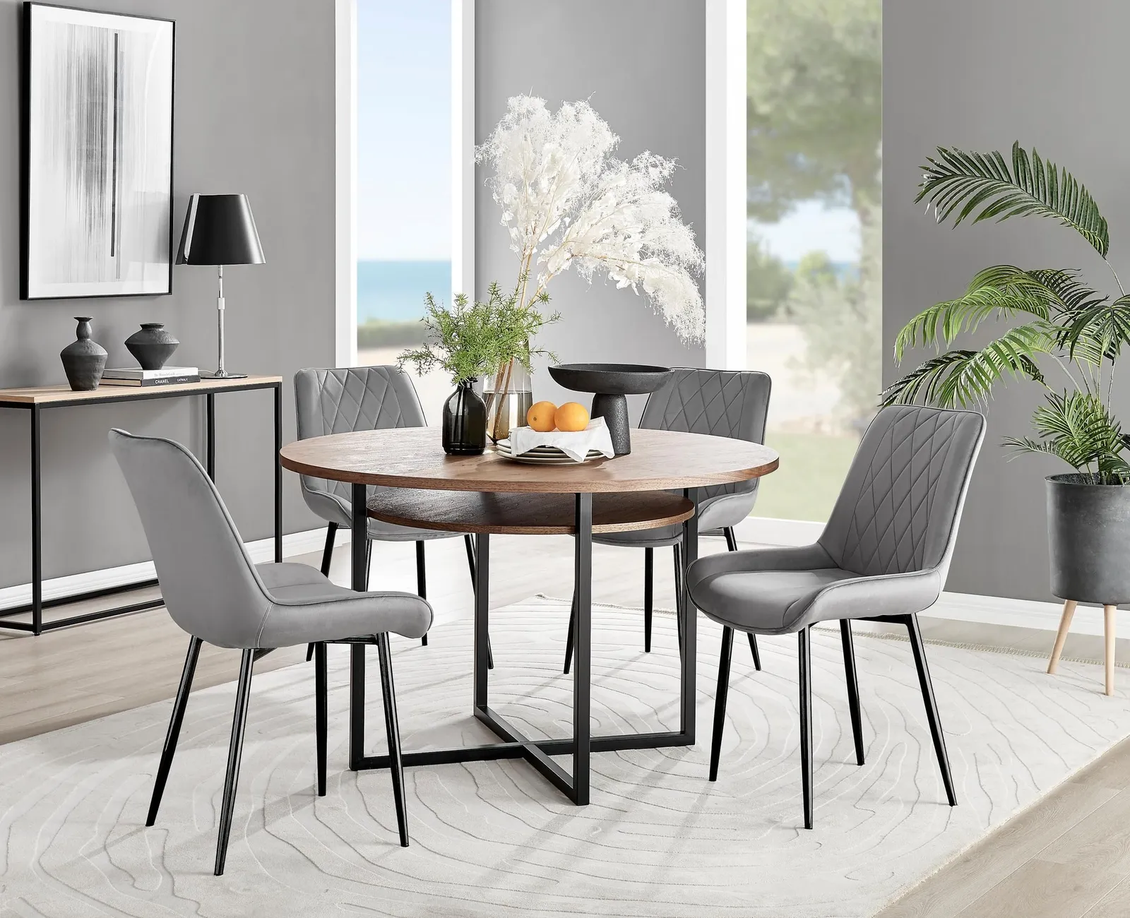 FurnitureboxUK Adley Brown Wood Storage Dining Table & 4 Pesaro Black Leg Chairs in Grey 1