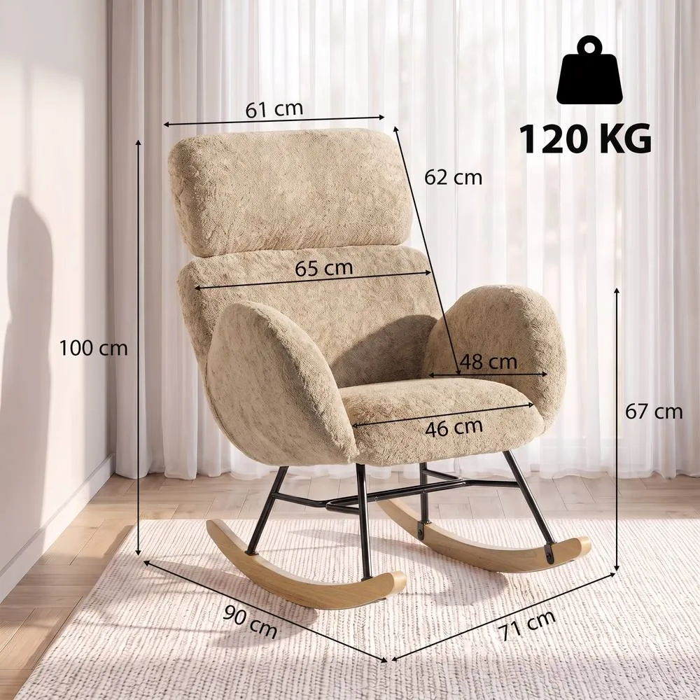 HOMCOM Rocking Chair with Adjustable Headrest Velvet Upholstery Light Brown 3