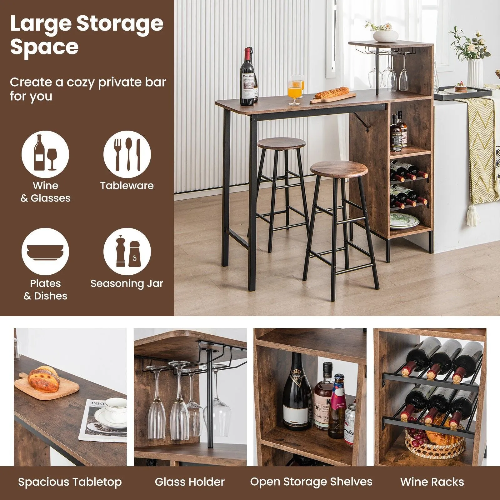 Costway 3PCS Bar Table Chair Set Industrial Dining Table Stools w/ Glass Holders & Wine Racks in Brown 6