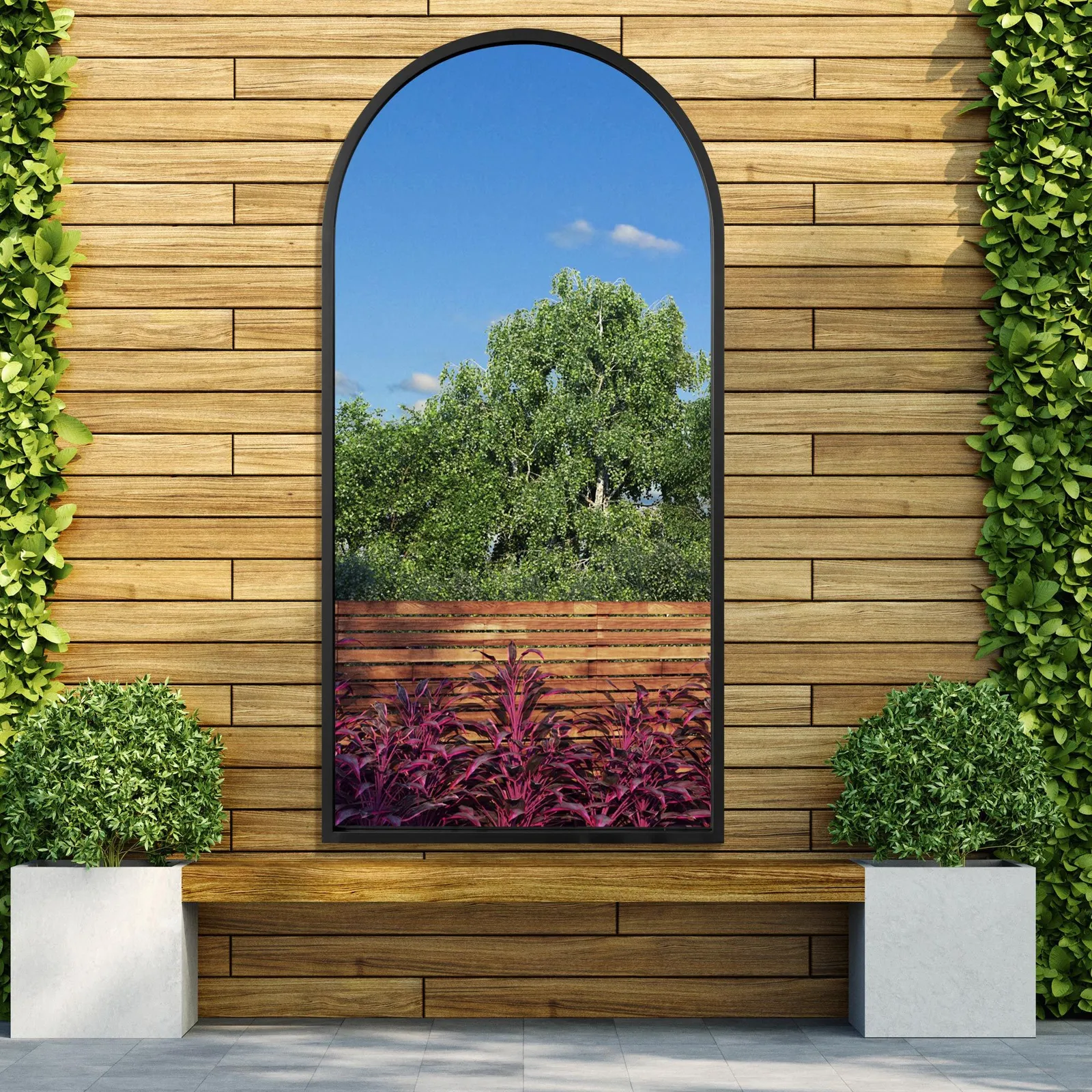 MirrorOutlet Black Metal Framed Arched Wall Garden Mirror 55" X 27.5" (140 X 70CM) 2