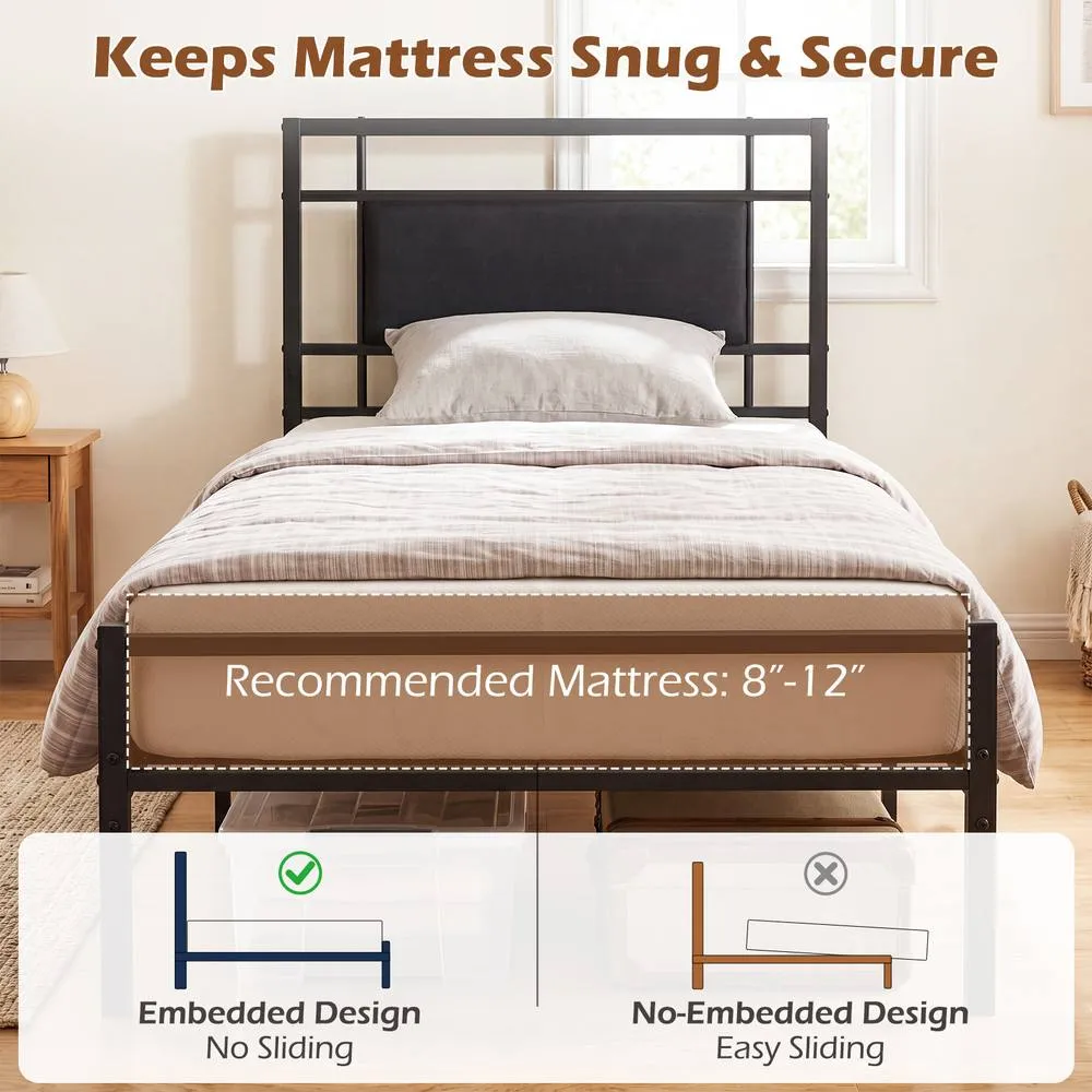 Costway Single Bed Frame with Upholstered Headboard & Metal Slats in Black 5