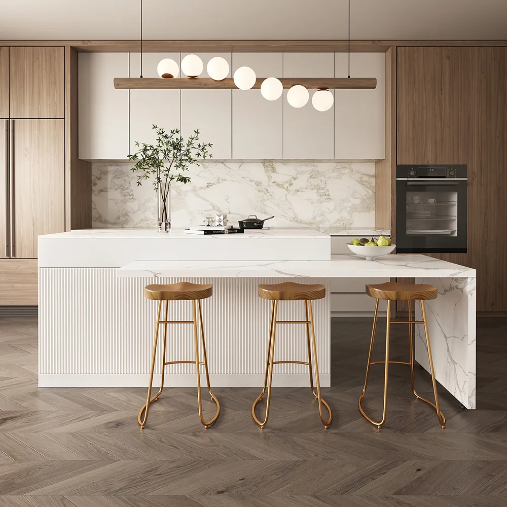 205 - 270 cm Extendable Kitchen lsland Marble Pattern Top with Drawers White Modern