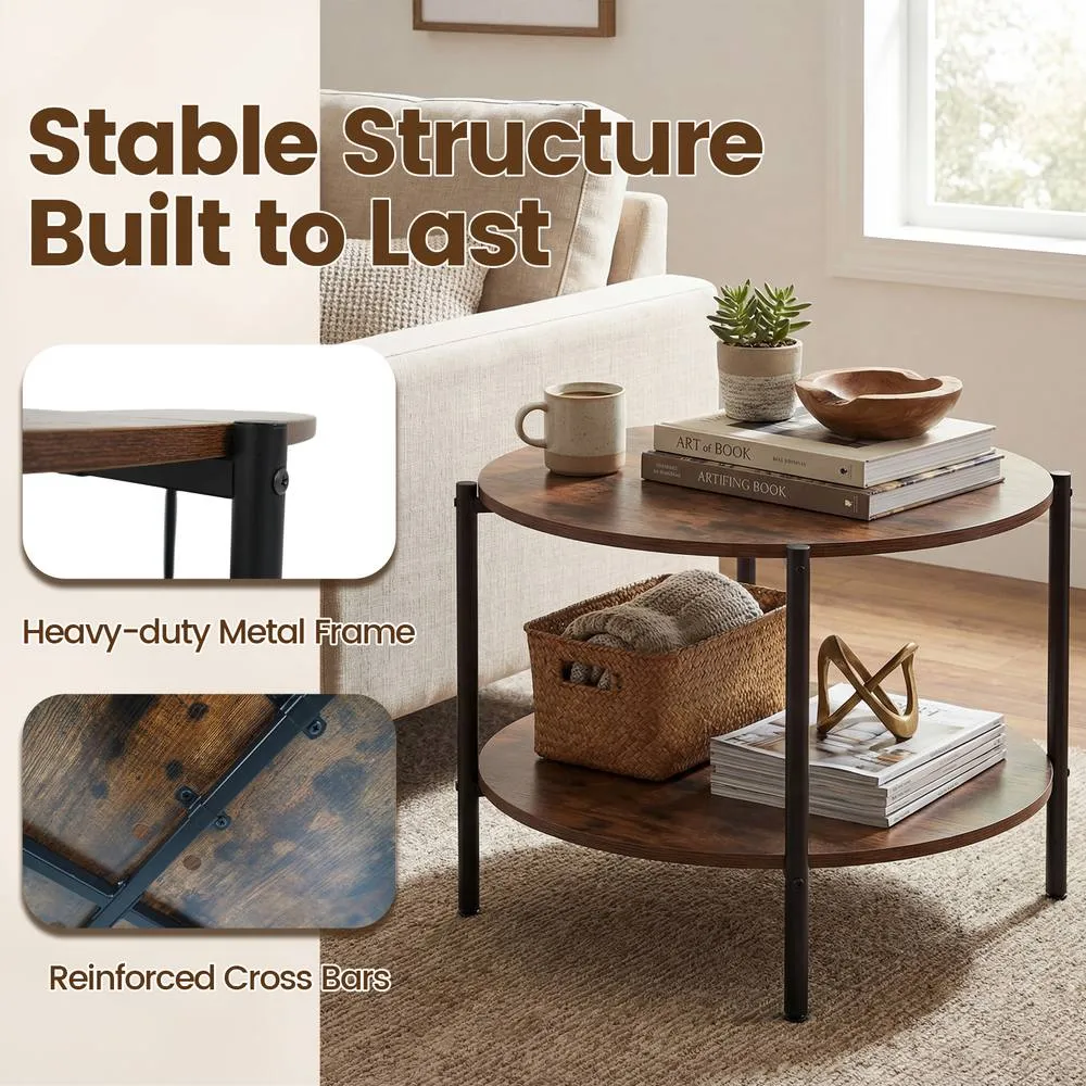 Costway 2-Tier Round Coffee Table Industrial Cocktail Table w/Storage Shelf in Brown 4