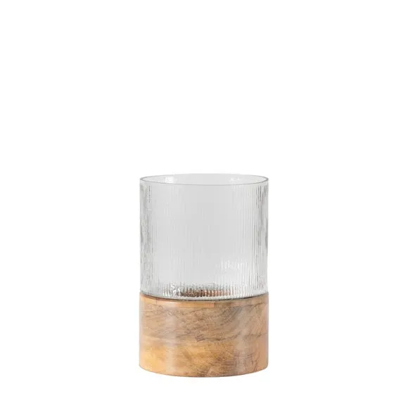 Cedar & Sage Belver Mango Wood & Fluted Glass Hurricane Candle Holder