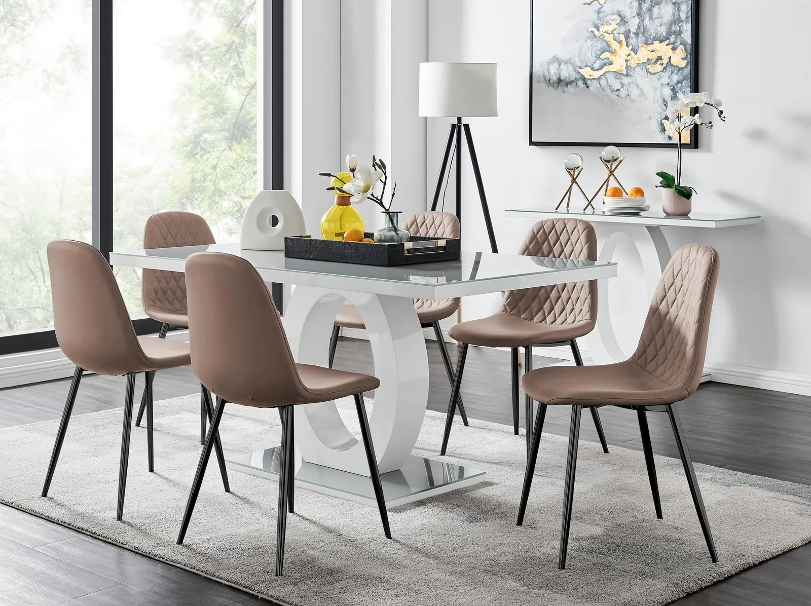 FurnitureboxUK Giovani 6-Seater Grey Glass Dining Table & 6 Corona Faux Leather Dining Chairs in Beige 1