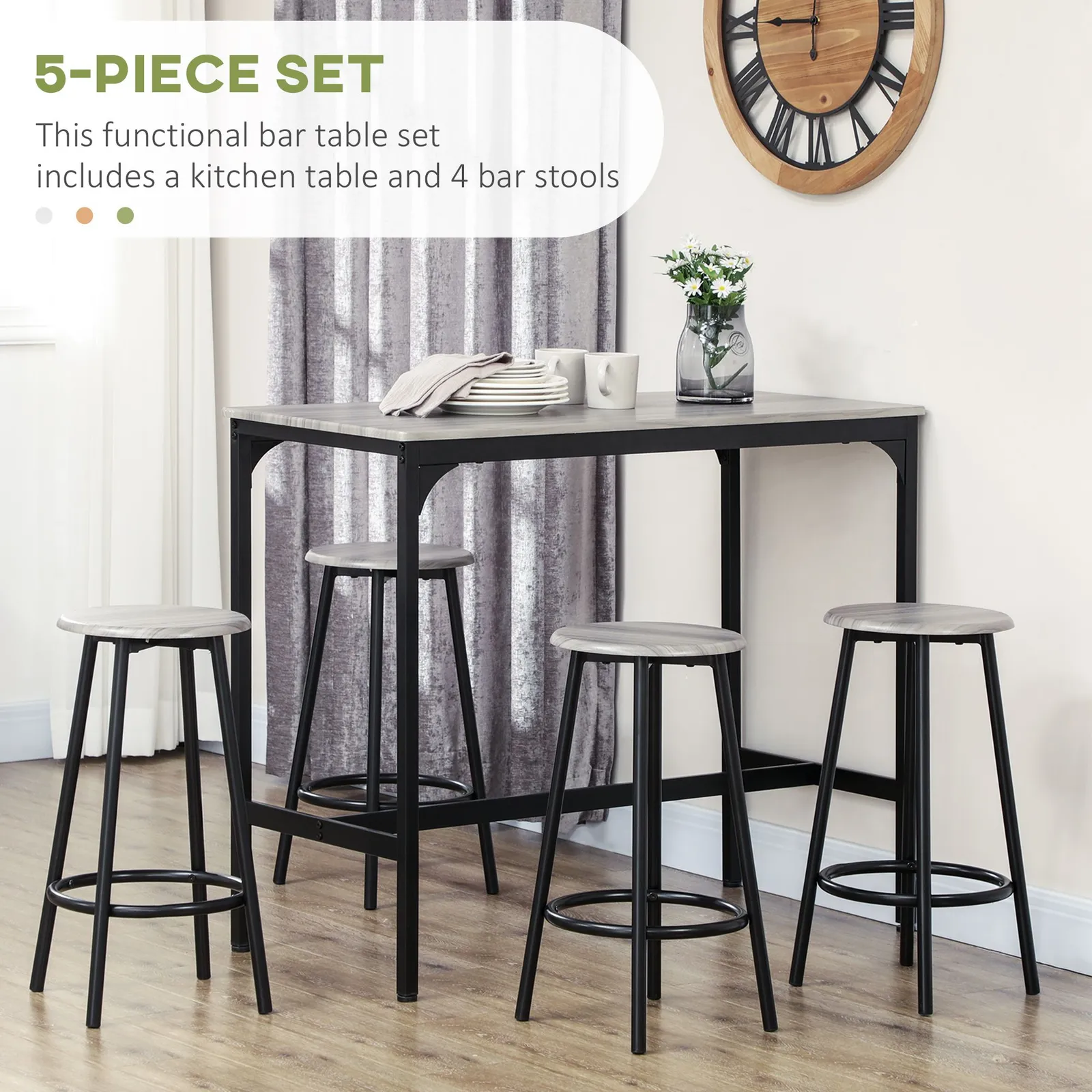 HOMCOM 5 Piece Bar Table & Stools Set with Metal Frame in Grey 4