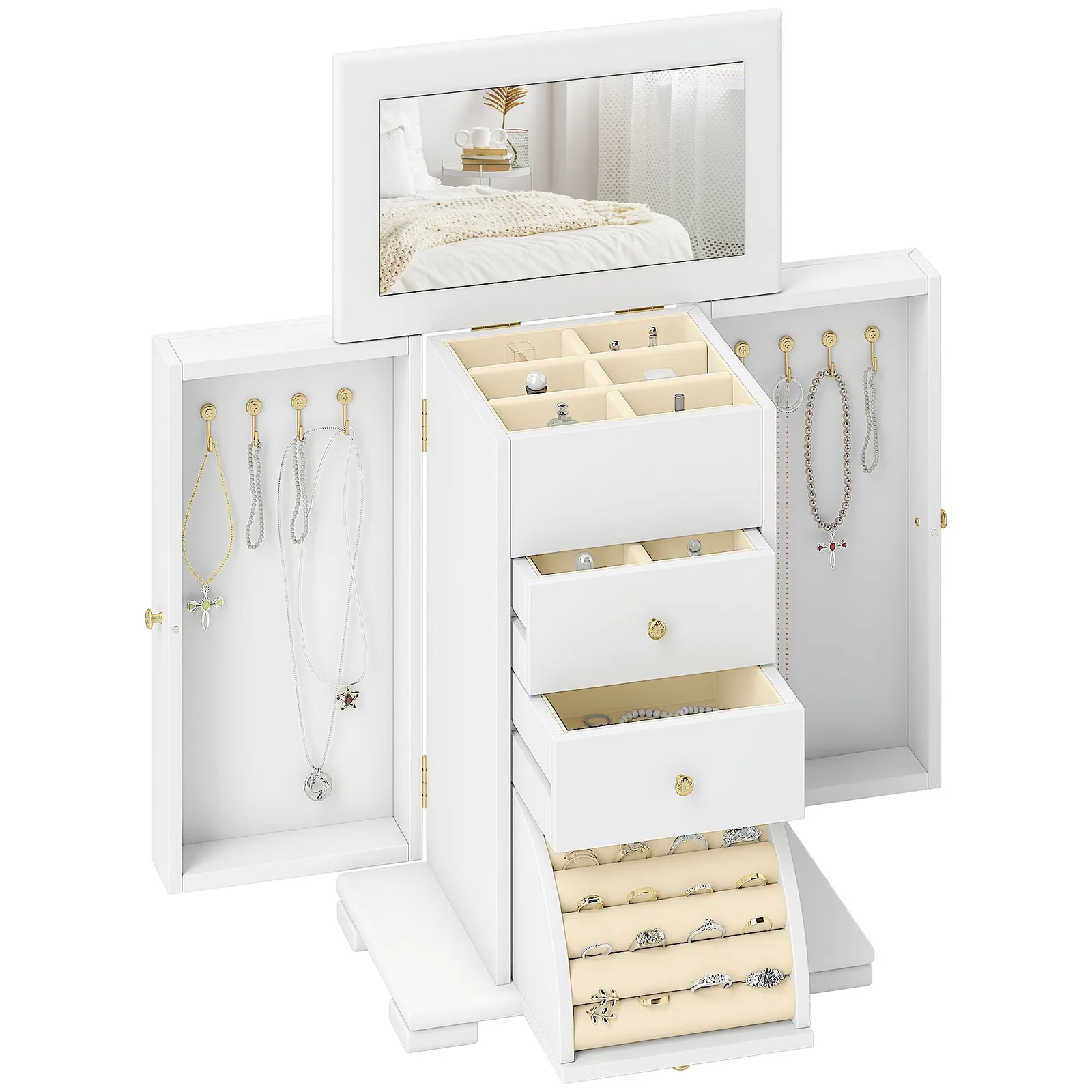 HOMCOM 4-Tier Large Jewellery Box with Mirror & 3 Drawers, White 2