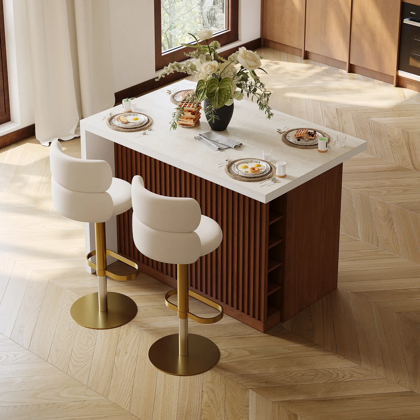 Modern 127 cm Matte Sintered Stone Kitchen Island with Storage, Walnut