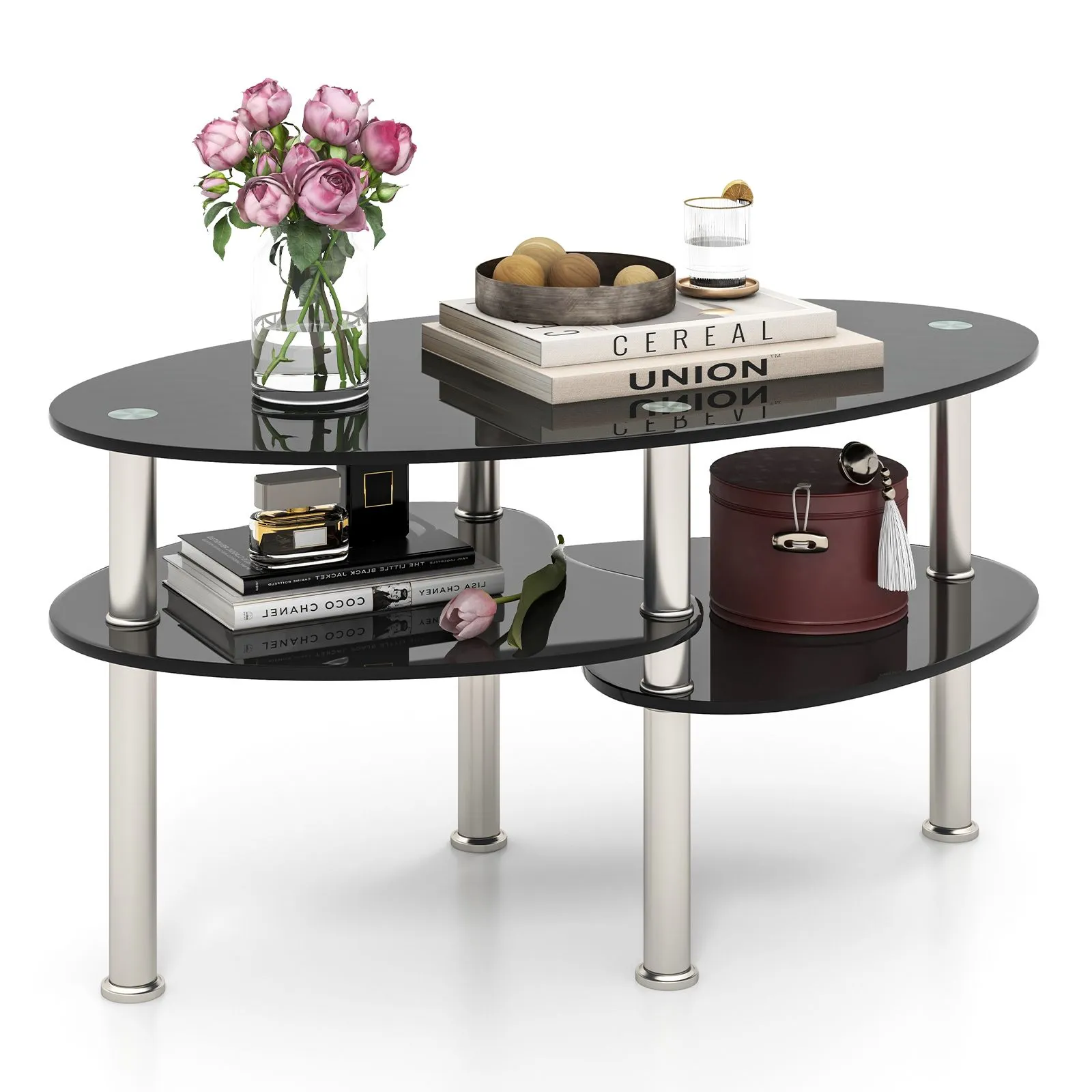 Costway 3-Tire Modern Oval Tea Table Smooth Glass Coffee Table Sofa End Side Table in Black 5