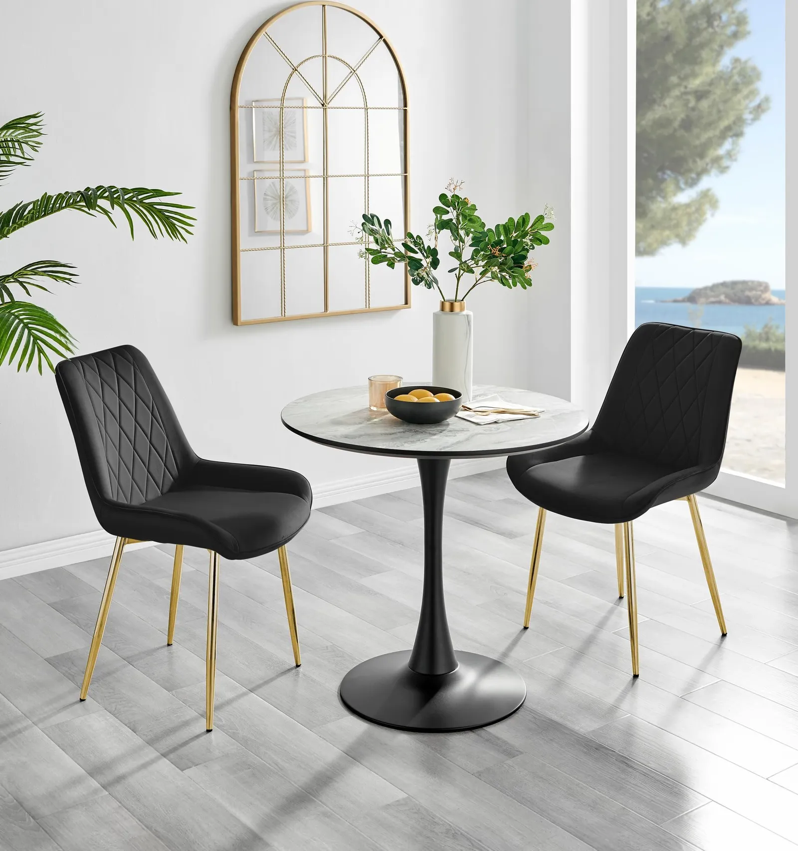 FurnitureboxUK Elina White Marble Effect Scratch Resistant Dining Table & 2 Pesaro Gold Leg Velvet Chairs in Black 1