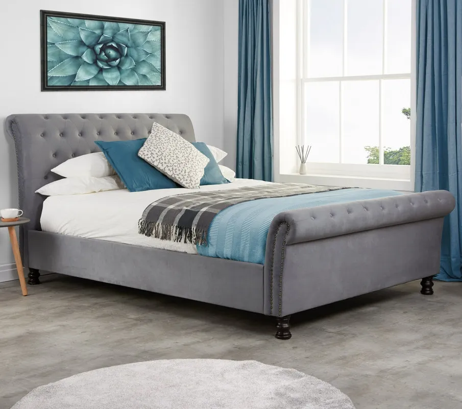 Opulence - Super King Size - Scroll Sleigh Bed - Grey - Velvet - 6ft - Happy Beds