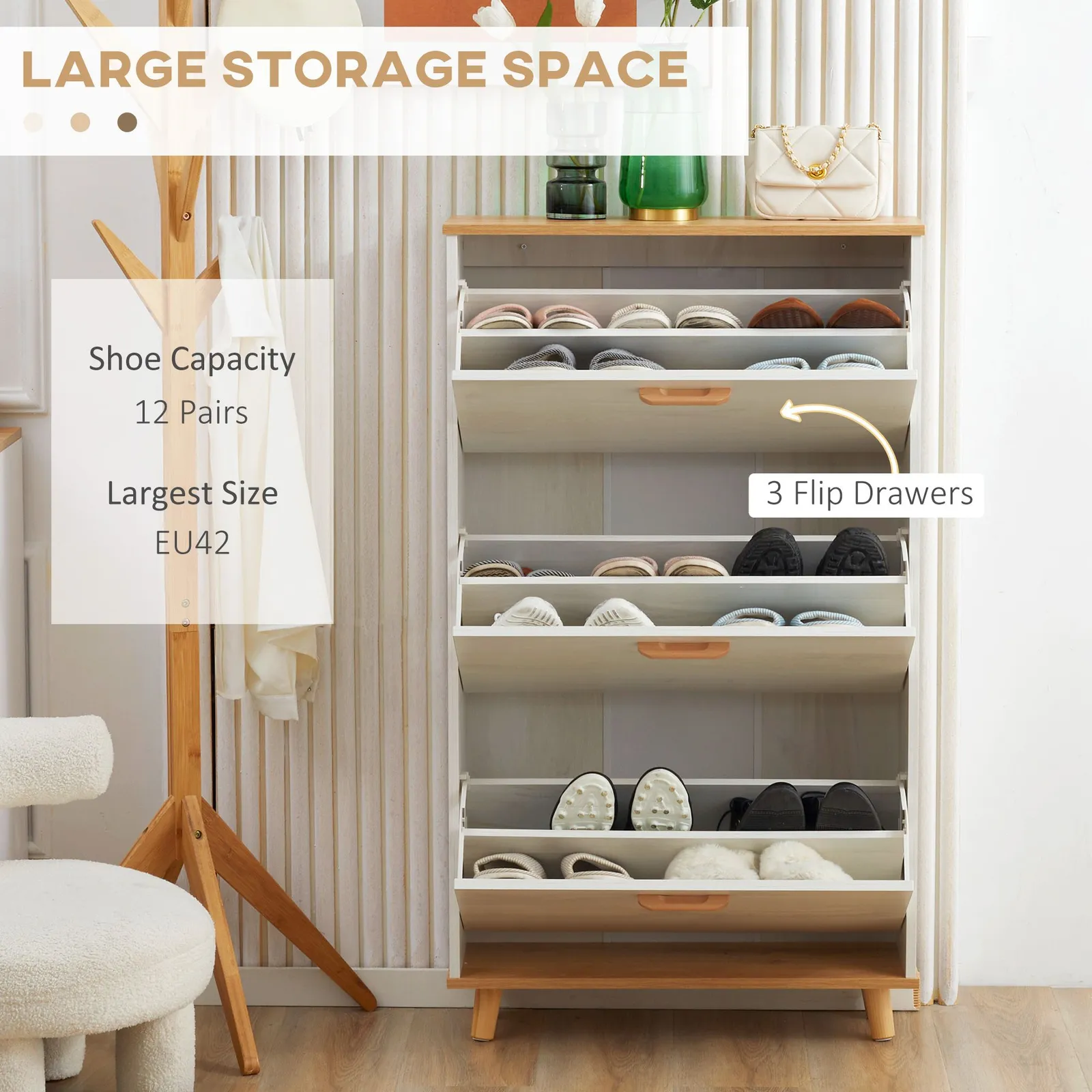 HOMCOM Slim Shoe Storage Cabinet with 3 Drawers & Adjustable Shelves for Hallway in White 4