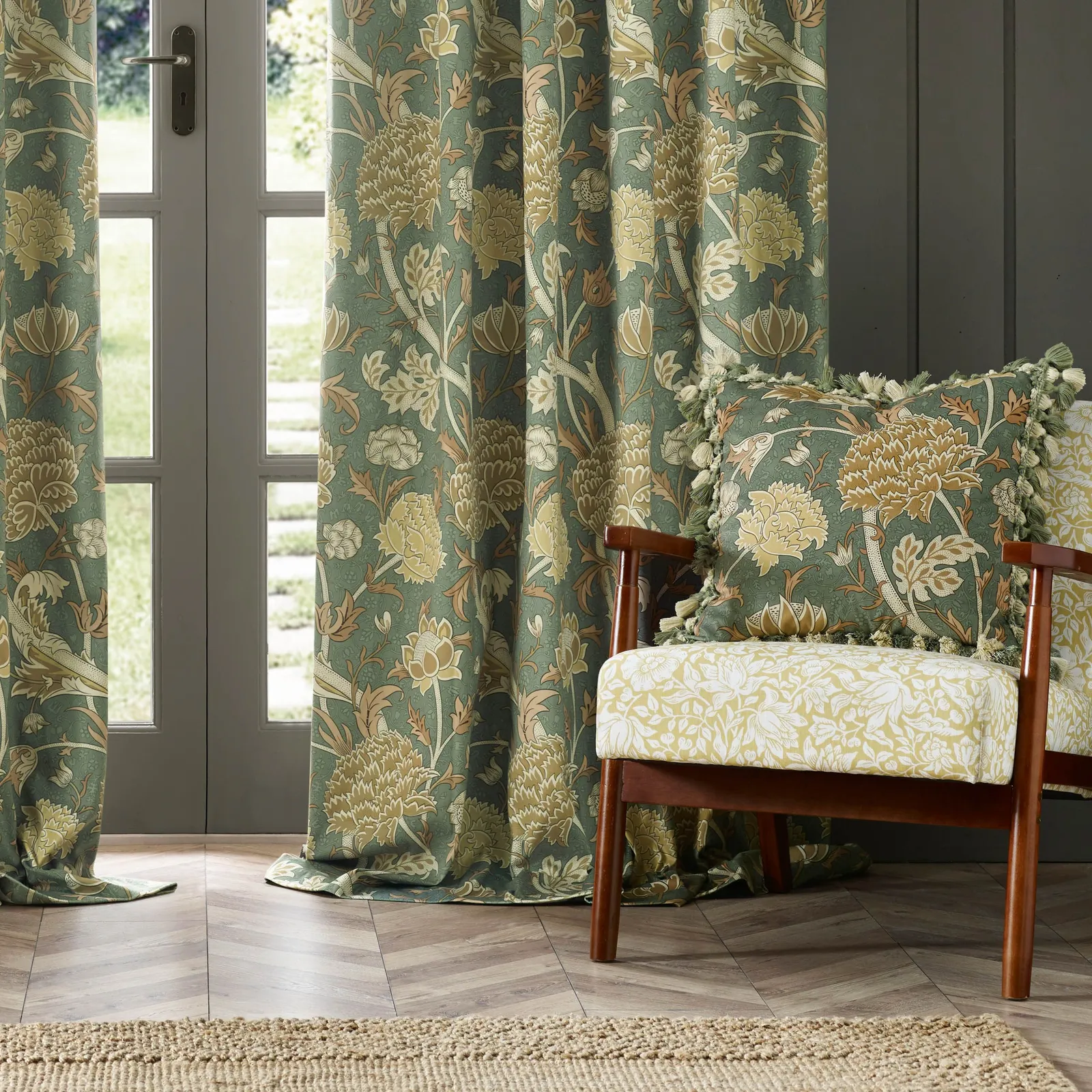 Morris & Co Cray Floral Velvet Room Darkening Pencil Pleat Curtains in Green 4