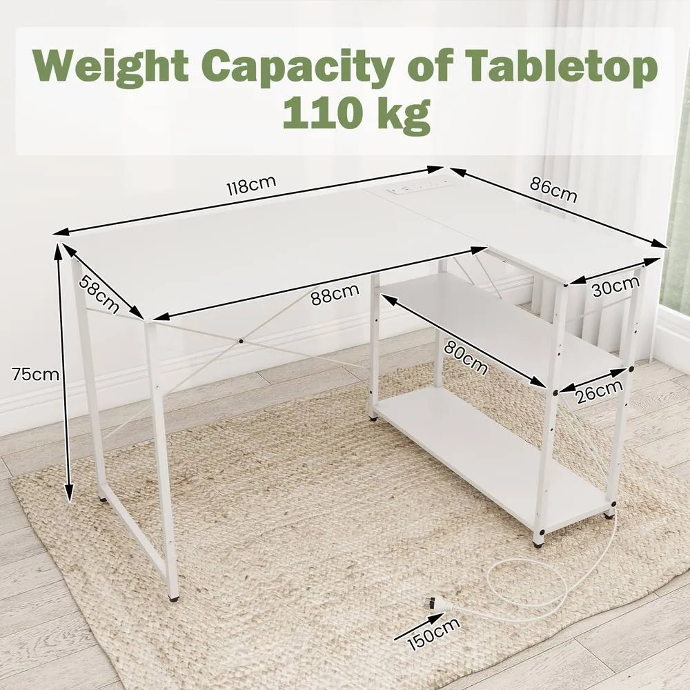 Costway L-shaped Computer Desk w/Power Outlet Workstation w/Reversible Shelves in White 3