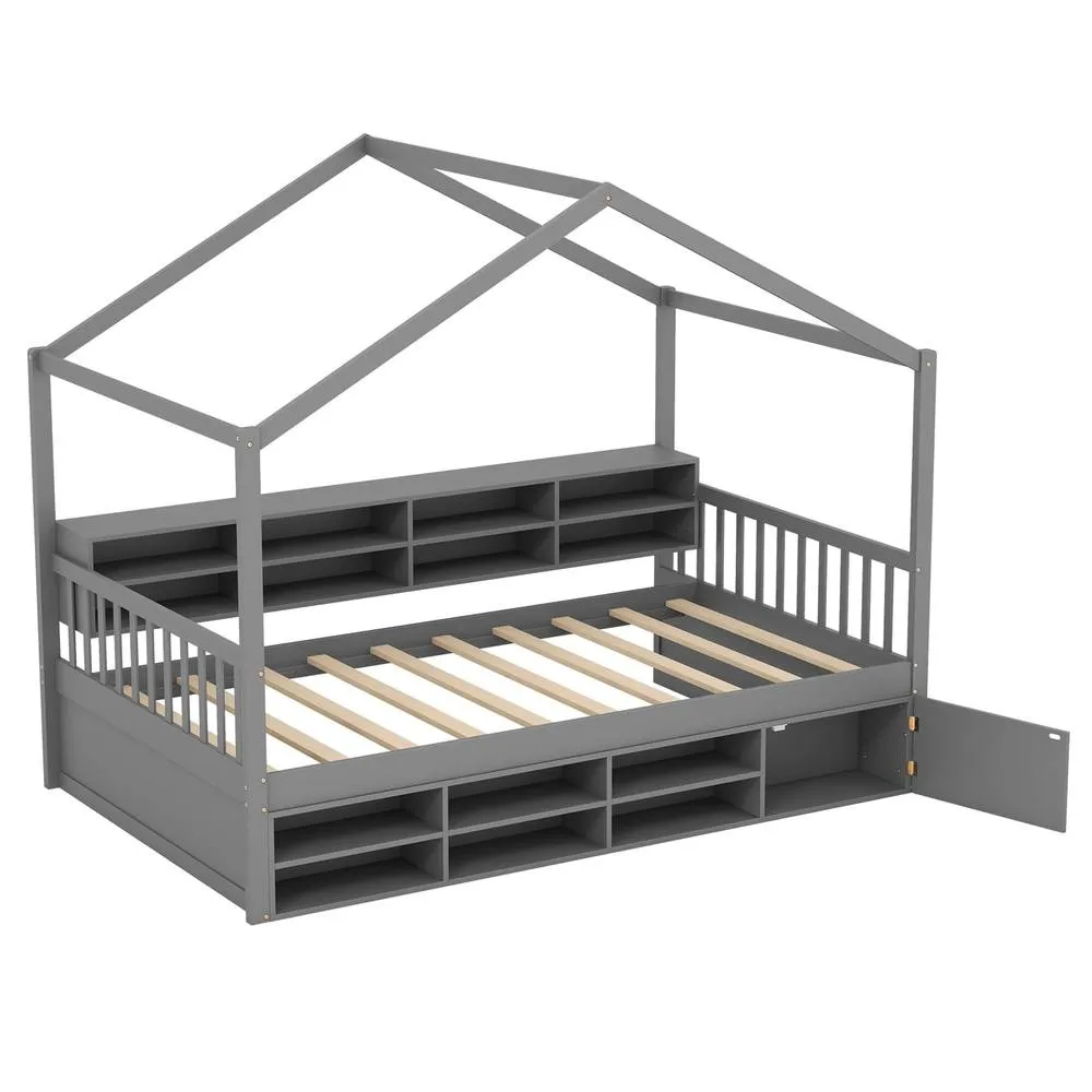 Costway Wooden Single Size House Bed with Roof & 14 Storage Cubes in Grey