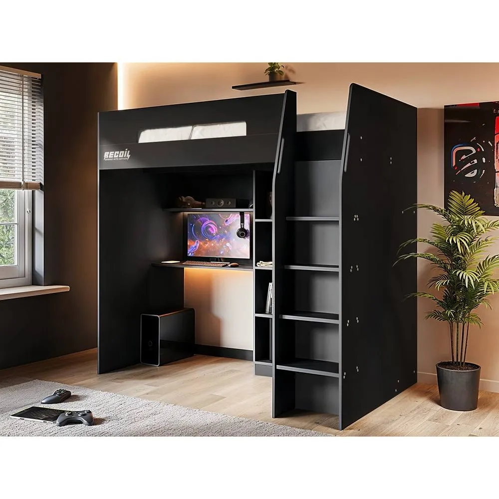 Flair Summit Gaming High Sleeper with Wardrobe Black in Grey