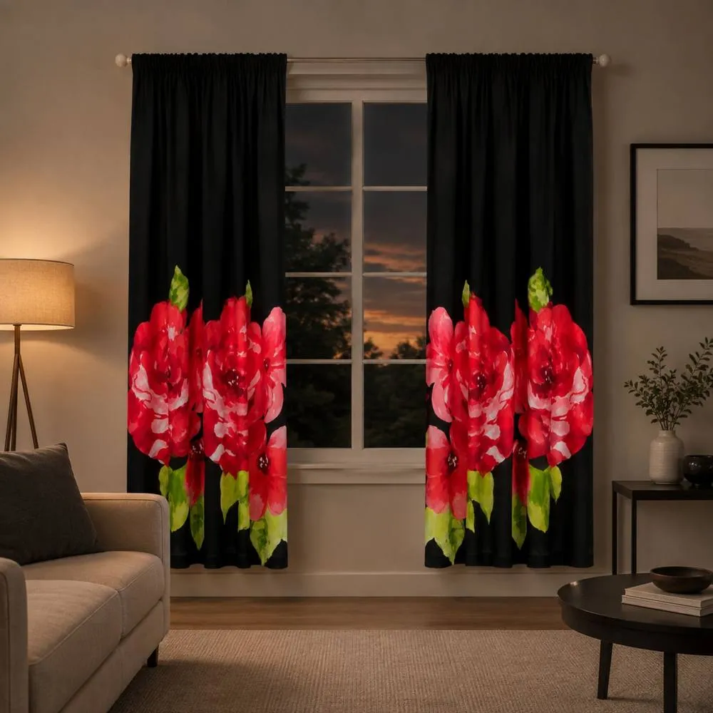 Smart Living Grace Floral Curtains Pair with Tie Backs - Large Flower Print in Black 1