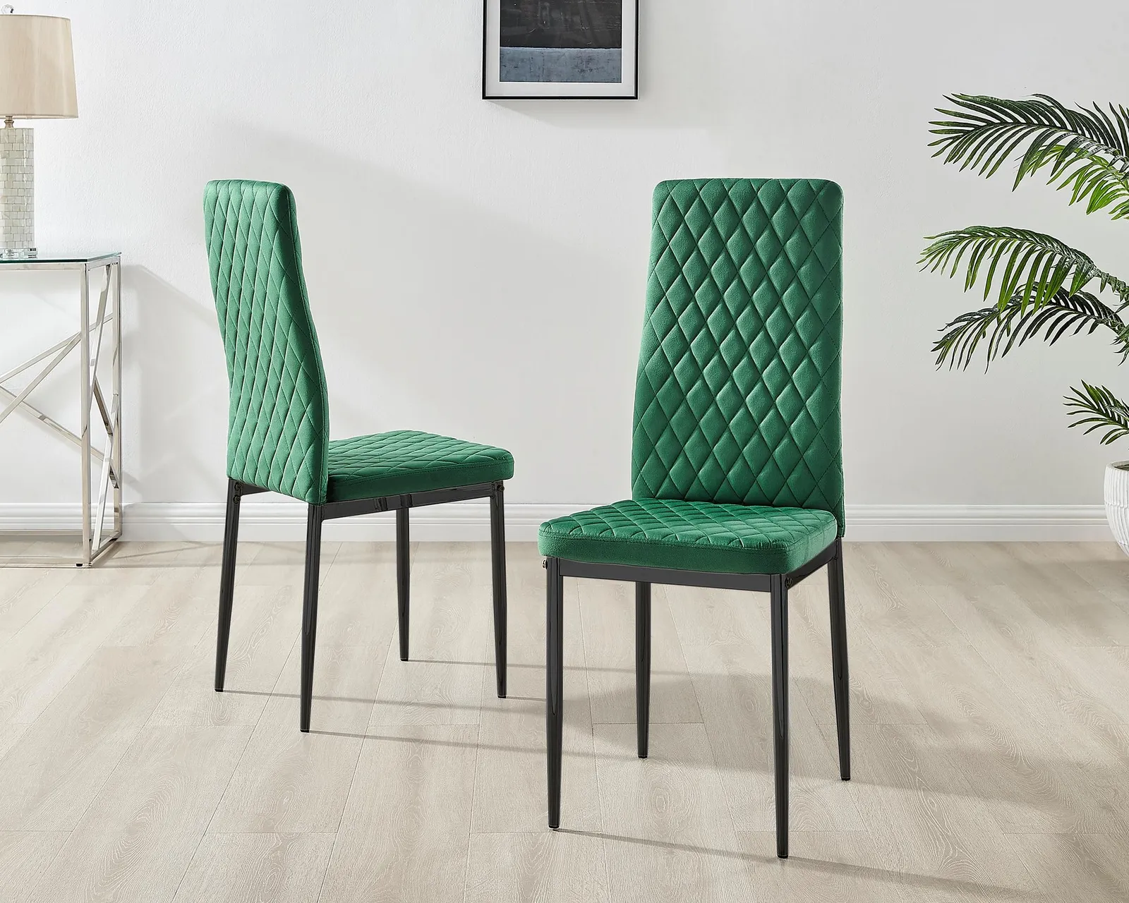 FurnitureboxUK Set of 4 Milan High Back Soft Touch Diamond Pattern Velvet Dining Chairs With Black Powder Coated Metal Legs in Green 2