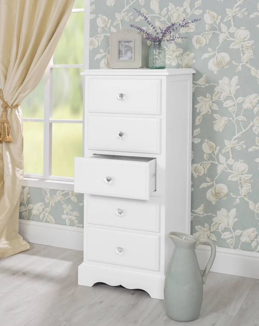 Statement Furniture Romance 5 Drawer Tallboy with Crystal Handles in Cool White 2