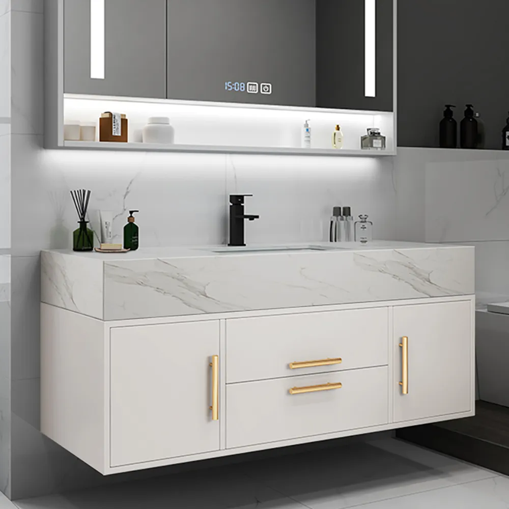 Modern 100 cm White Floating Bathroom Vanity Set Stone Top Wall Mounted Bathroom Cabinet