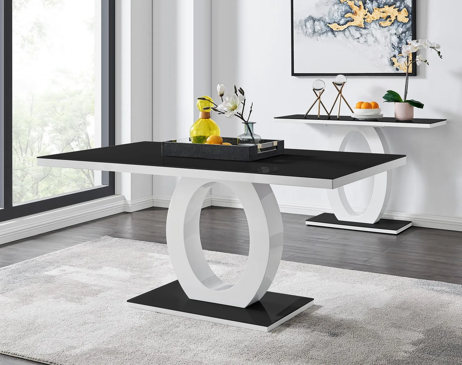 FurnitureboxUK Giovani Rectangular 6 Seat White High Gloss Unique Halo Base Dining Table Black Glass Top 6 Soft Velvet Silver Leg Pesaro Chairs 3