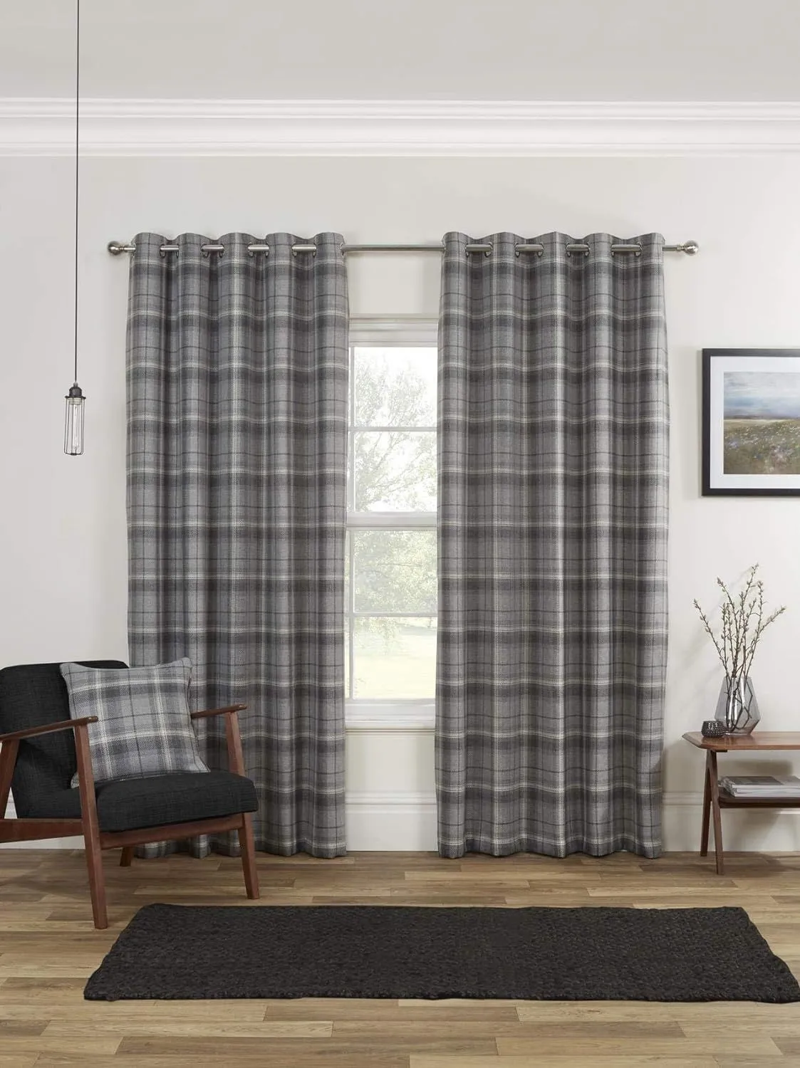 Sundour Carnoustie Checked Eyelet Blackout Curtains in Grey 1