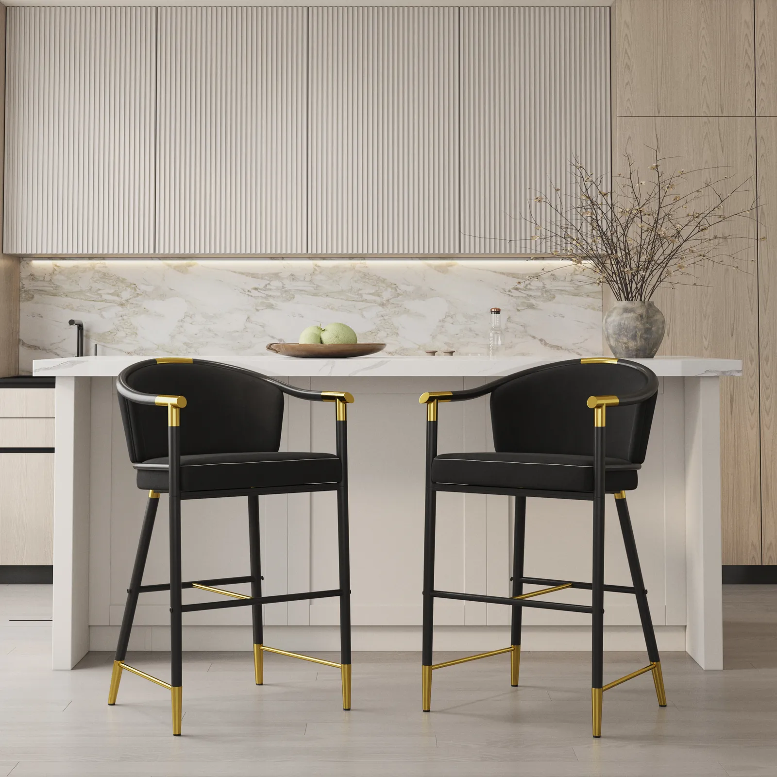 Modern Counter Stools with Velvet Upholstery Black Bar Stools
