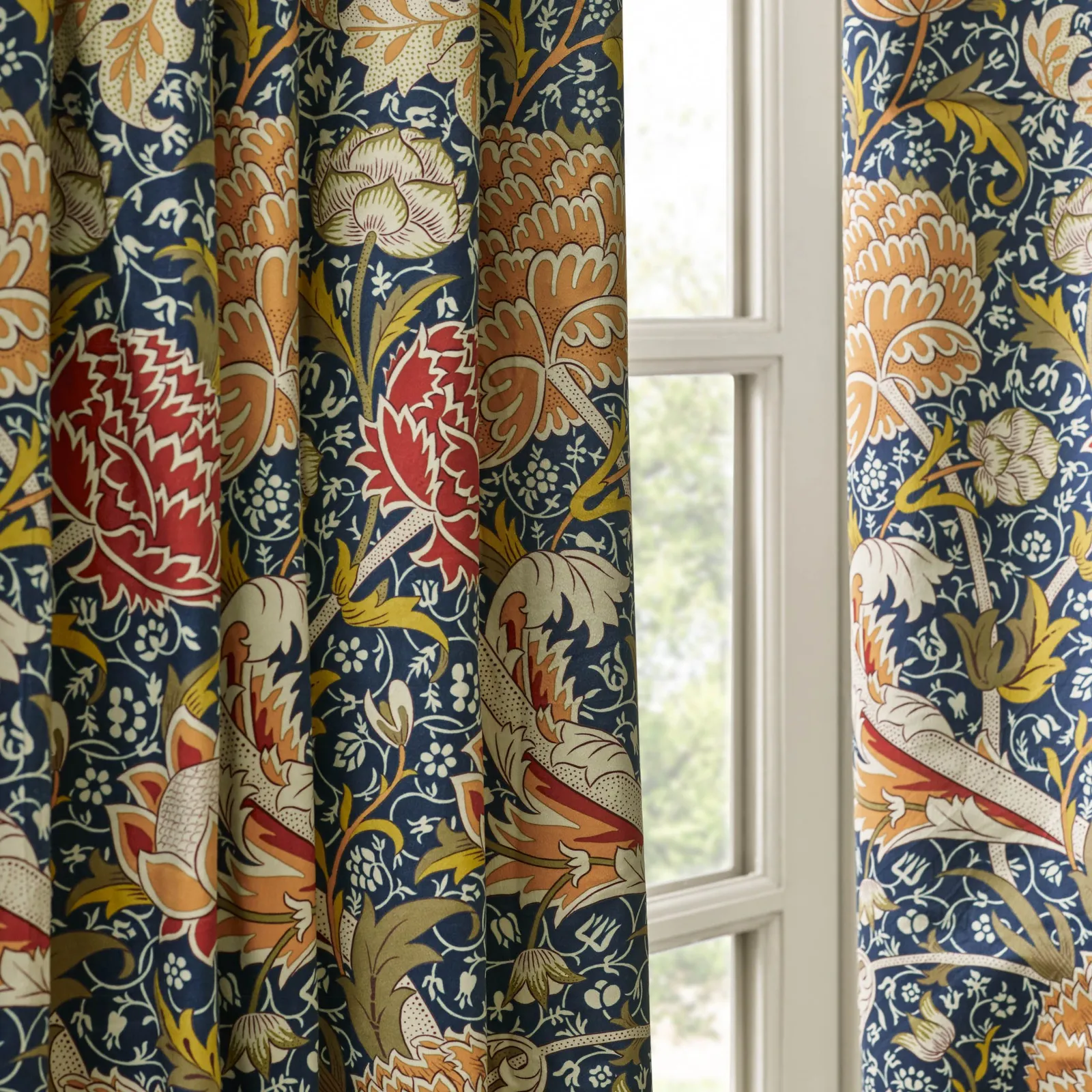 Morris & Co Cray Floral Velvet Room Darkening Pencil Pleat Curtains in Indigo 5