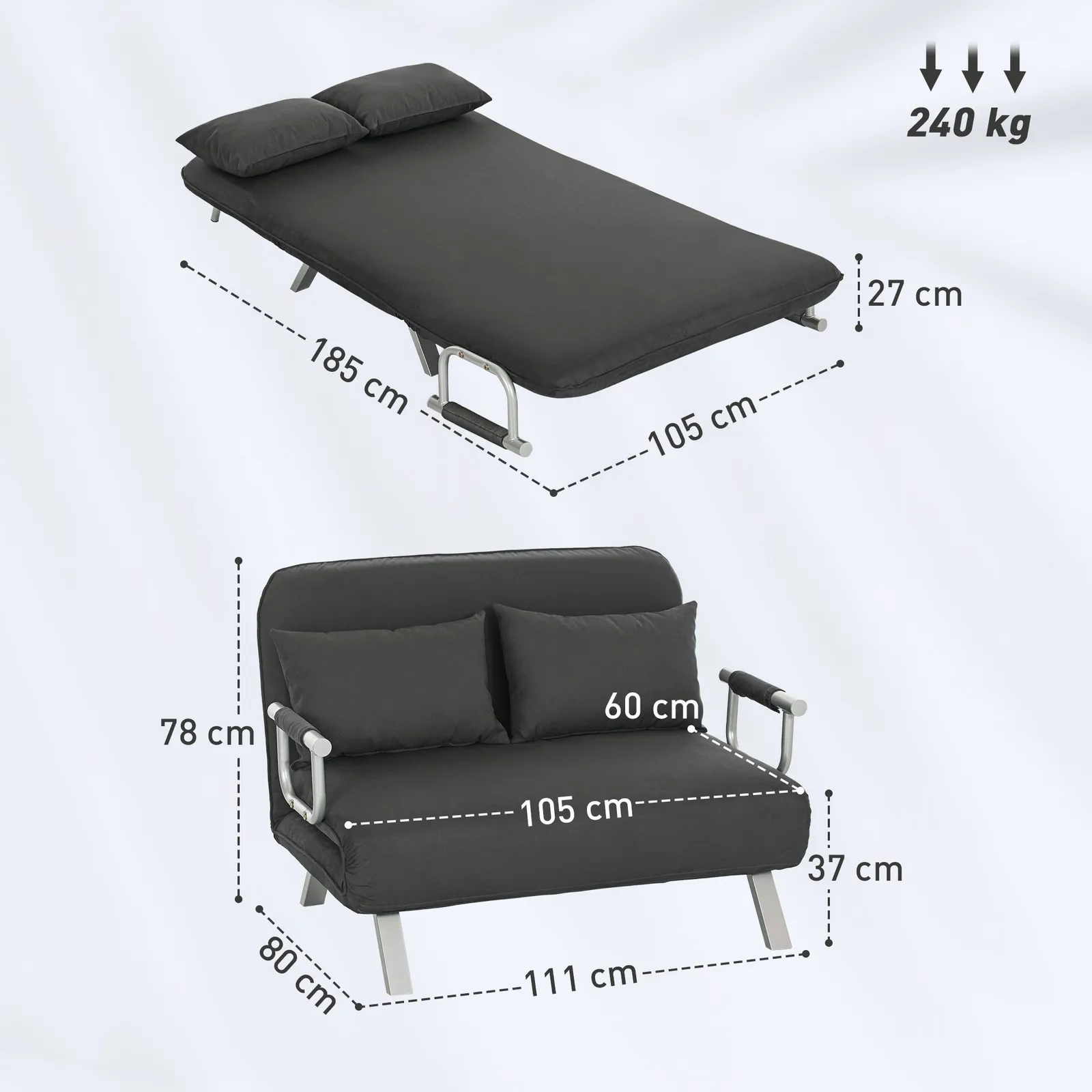 HOMCOM Fabric Sofa, Convertible 2 Seater Sofa Bed w/ Pillows in Dark Grey 3
