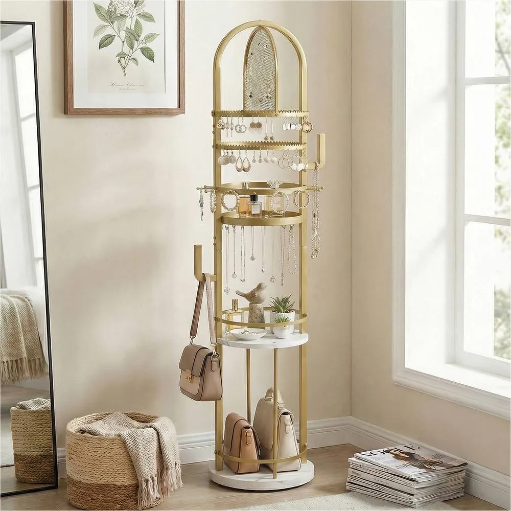 Costway Jewelry Organizer Stand Rotating Jewelry Storage Rack w/Earring Holder in Gold